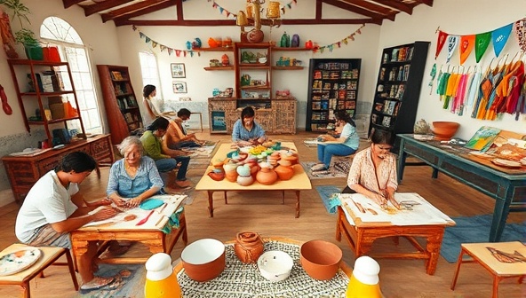 A vibrant virtual workshop setting with participants engaged in pottery making, painting, and cultural crafts, surrounded by colorful materials, tools, and finished creations, illustrating the hands-on and interactive learning experiences offered by Wanderlust Workshops in a global creative space.