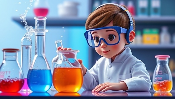 An animated virtual lab setup with colorful beakers, bubbling reactions, and a child avatar wearing safety goggles, engrossed in a virtual science experiment, highlighting the immersive and educational nature of LabRover Virtual.