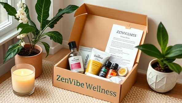 A cozy self-care corner featuring a ZenVibe Wellness subscription box opened to reveal soothing products like scented candles, herbal teas, essential oils, and a relaxation guide, creating a serene atmosphere for a mindful self-care experience.
