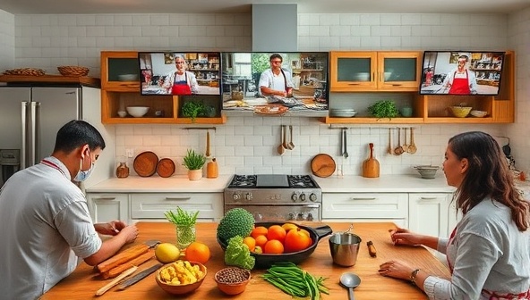 An engaging visual of a virtual kitchen setup with multiple screens showing different cooking instructors leading interactive classes, while participants follow along with ingredients and utensils in their own home kitchens, creating a dynamic and immersive online cooking community on Cooking Connect.