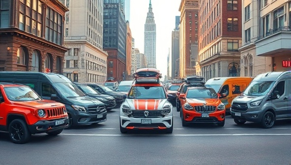 An image of a diverse set of custom vehicles parked in a vibrant city setting, showcasing a range of unique designs and features available through the subscription service, evoking a sense of individuality and choice.