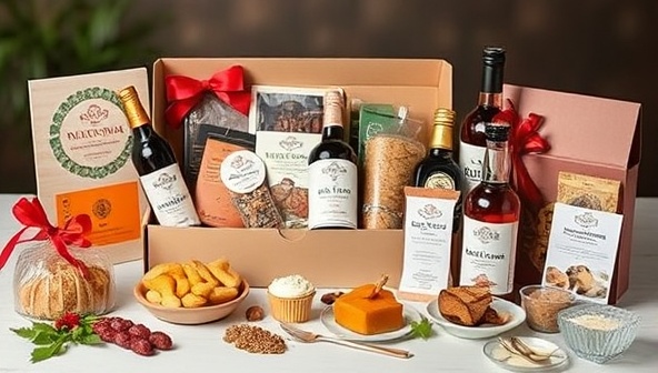 An enticing array of international delicacies and beverages displayed in elegant tasting boxes, accompanied by virtual event brochures and tasting notes, evoking a sense of culinary exploration and cultural discovery in the immersive TasteVibe Experiences.