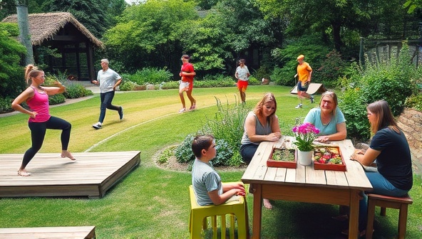 A vibrant fitness garden scene with individuals practicing yoga on a wooden platform, others running on a grassy track, and a group attending a gardening workshop at a wooden table surrounded by blooming flowers and fresh produce, conveying a harmonious blend of fitness, nature, and community in a green oasis.