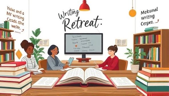 An artistic representation of a virtual writing retreat, showing participants in a digital meeting room surrounded by books, notepads, and inspirational quotes, creating a cozy and motivational writing environment.