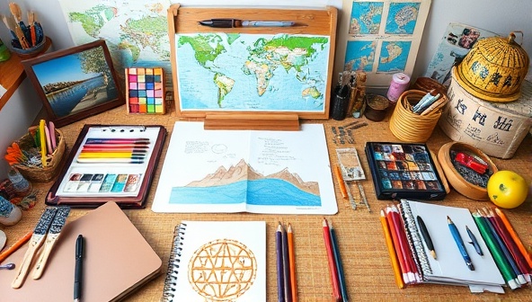 An artistic studio setup with vibrant art supplies, sketchbooks, watercolor palettes, and travel-inspired props, creating an inviting and creative environment for participants to immerse themselves in the artistic journey of Creative Passage Studio.