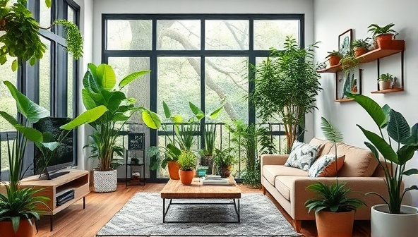 An artistic depiction of a modern living space filled with lush greenery and smart plant care devices seamlessly integrated into the decor, showcasing the harmony between technology and nature in the BotaniCare Pro subscription service.