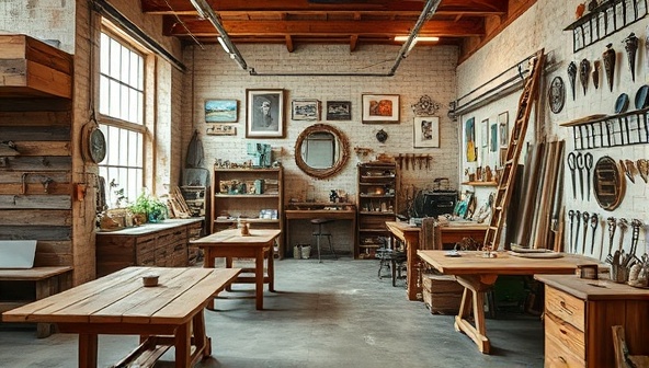 An architectural studio workspace filled with reclaimed wood furniture, upcycled art installations, and repurposed industrial fixtures, reflecting the ethos of sustainability and creativity in architectural reuse and upcycling.