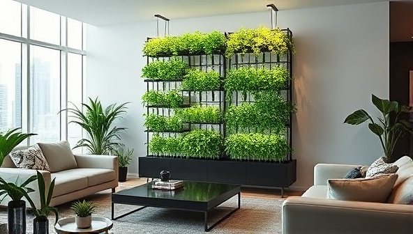A sleek and modern living room setup with a vertical hydroponic pod flourishing with vibrant green plants, showcasing the integration of nature into contemporary urban living spaces.
