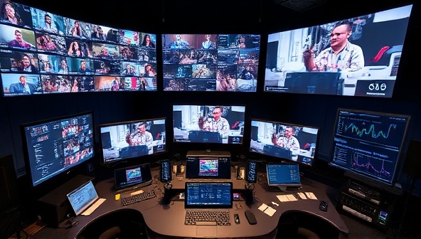 An immersive event production control room with multiple screens displaying live streaming feeds, interactive chat windows, and audience engagement metrics, showcasing the behind-the-scenes magic of virtual events orchestrated by StreamCraft Studios.