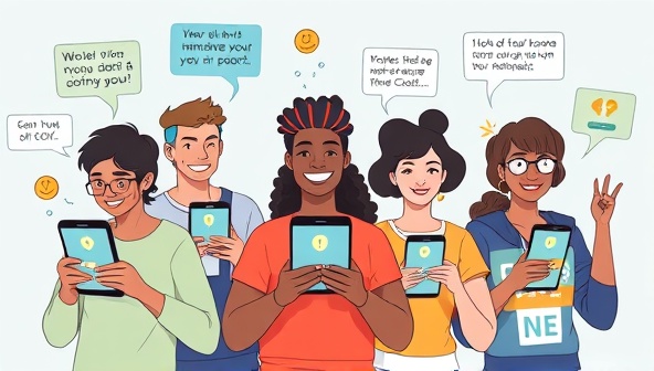 An engaging digital illustration of diverse users on their smartphones, participating in virtual fitness challenges, earning points, and celebrating achievements, with colorful graphics and motivational messages, conveying a sense of community and competition in the app.