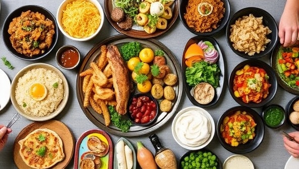 An enticing food spread featuring a variety of local dishes and culinary delights arranged tastefully on a table, surrounded by elements symbolizing culinary exploration and community dining experiences, evoking the vibrant and diverse food culture celebrated by TasteLocal Adventures.