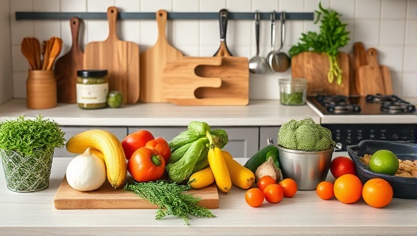 An inviting kitchen setup with fresh produce, cutting boards, and cooking utensils, exuding a cozy and welcoming atmosphere ideal for learning farm-to-table cooking.
