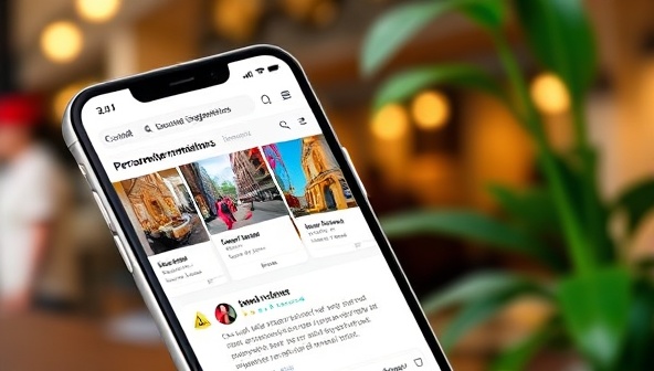 An engaging mobile app interface displaying personalized recommendations for local businesses, with vibrant images and user reviews, showcasing the app's user-friendly design and curated suggestions.