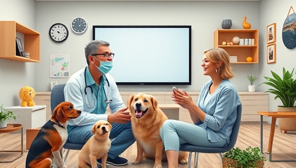 An endearing visual of a virtual consultation room with a veterinarian and a joyful pet owner discussing their pet's well-being, surrounded by playful pets and pet care essentials, conveying the caring and informative atmosphere of PawsitiveCare for all animal lovers.