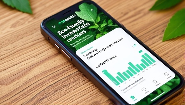 A smartphone screen showing the EcoBanker app interface with lush green visuals, eco-friendly investment options, and a carbon footprint tracker, conveying the app's focus on sustainability and green finance.