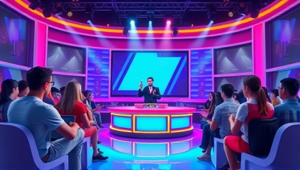 An image of a lively and colorful virtual game show set with a charismatic host engaging with an audience of avatar participants, showcasing the interactive and social aspect of the live game show experience.