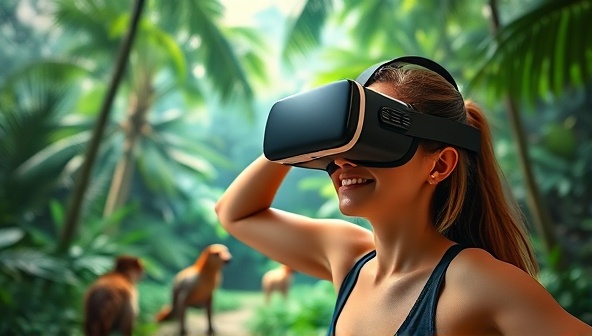 An individual wearing a VR headset and participating in a virtual reality fitness class set in a lush tropical forest, surrounded by animated wildlife and soothing sounds, illustrating the immersive and captivating nature of the VR Fit Studio experience.