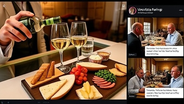 An elegant virtual tasting setup featuring a sommelier pouring wine into crystal glasses, a selection of gourmet food pairings displayed on a stylish charcuterie board, and participants engaged in lively discussions about flavor profiles and pairing tips, capturing the sophisticated and enriching experience offered by VinoVista Pairings.