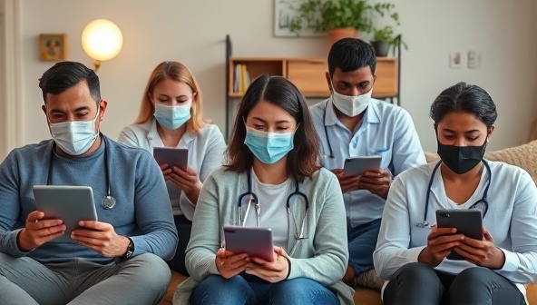 An image of a diverse group of individuals engaging in virtual consultations with healthcare providers on their devices, showcasing the accessibility and convenience of telemedicine services from the comfort of home.