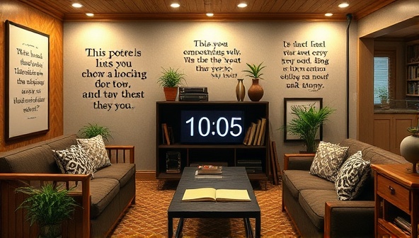 An immersive virtual writing retreat environment with cozy writing nooks, inspirational quotes, and a digital clock ticking away, creating a serene and focused atmosphere for writers to unleash their creativity and craft their next masterpiece.