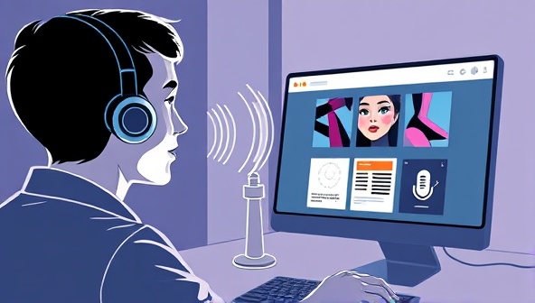 An illustrative scenario of a user speaking to a voice-activated assistant, commanding design changes on a website displayed on a computer screen, with visual feedback on the screen updating in real-time based on the voice commands, illustrating a futuristic and hands-free design experience.