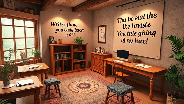 An enchanting digital depiction of a cozy virtual retreat setting with writing desks, inspirational quotes on the walls, and virtual meeting spaces for workshops, creating a serene and productive atmosphere for writers to immerse themselves in their craft.