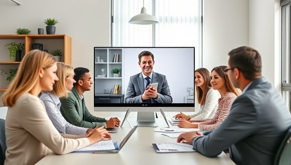 A virtual office setup with a professional CFO providing financial advice via video call to a diverse group of business owners, representing the accessibility and expertise of virtual CFO services.