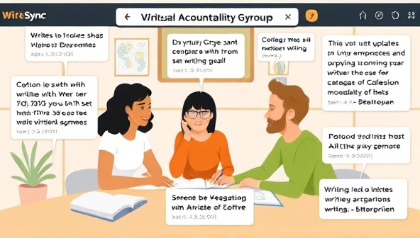 An interactive visual representation of a virtual writing accountability group meeting on the WriteSync platform, with diverse writers sharing progress updates, setting writing goals, and engaging in collaborative writing sprints, creating a dynamic and supportive writing environment online.