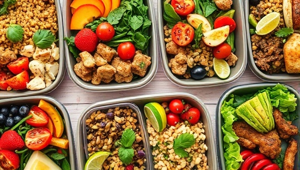 A vibrant image of a colorful array of plant-based meals prepared by GreenPlate Prep, showcasing a variety of dishes rich in fruits, vegetables, grains, and plant-based proteins, arranged in eco-friendly containers with fresh herbs and garnishes, inviting customers to embrace a vibrant and nutritious plant-based lifestyle.