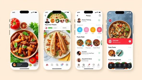 An engaging app interface mockup showcasing vibrant food images, user profiles, and a recipe feed, capturing the essence of community-driven culinary sharing.