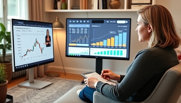A professional image of a financial coach providing virtual advice to a client on budgeting and investment strategies, with a digital screen displaying financial charts and planning tools, surrounded by a cozy home office setting that conveys trust and expertise in financial mentorship.