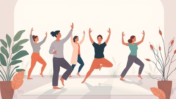 An artistic illustration of individuals practicing mindful movement together in a virtual space, surrounded by calming colors, nature-inspired elements, and gentle movements, conveying a sense of peace and inner balance through movement practice.