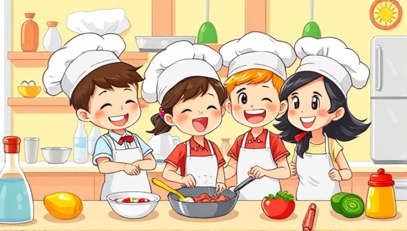 An animated and colorful illustration of children wearing chef hats and aprons, enthusiastically cooking and experimenting with ingredients in a bright and cheerful kitchen setting, conveying joy and learning.
