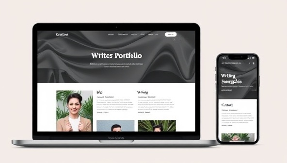 A sleek and modern digital portfolio design featuring a writer's website layout with sections for bio, writing samples, testimonials, and contact information, displayed on a laptop and a smartphone screen, showcasing a professional and engaging online presence for writers to showcase their work.