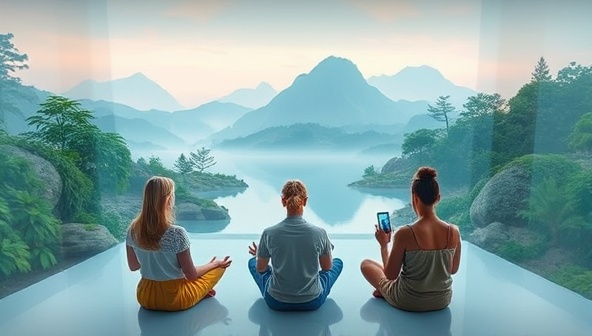 A serene virtual oasis with calming nature scenes, tranquil meditation spaces, and diverse individuals engaging in mindfulness activities on their smartphones, conveying a sense of peace, reflection, and emotional support through the MindfulNest app.
