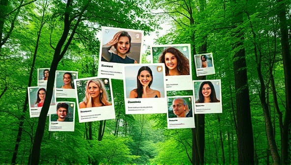 An artistic depiction of a lush green forest background with digital overlays of eco-friendly products and influencer profiles intertwined, symbolizing the harmonious connection between nature, sustainability, and influencer marketing.
