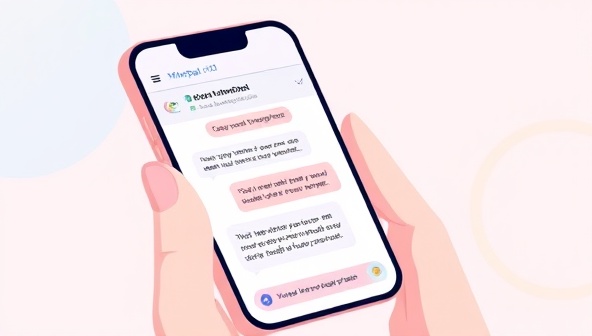 An illustration of a user interacting with the MindPal AI chatbot on a smartphone screen, sharing personal thoughts and receiving supportive responses, with calming visuals and mental health resources displayed in the chat interface, creating a safe and empathetic virtual space for emotional well-being.
