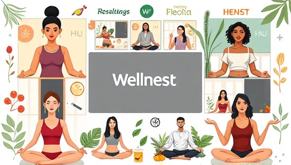A digital collage featuring diverse wellness practitioners and users engaging in virtual yoga, meditation, and nutrition consultations on the WellNest Hub platform, surrounded by nature-inspired elements and wellness symbols, illustrating a harmonious and inclusive wellness community.
