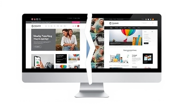 A dynamic visual depicting a computer screen split into two parts, one showing a generic website template and the other showcasing a fully customized, professional website design, illustrating the transformation achieved through the subscription service.