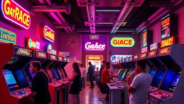 An inviting arcade setup with colorful neon lights, vintage arcade cabinets, and a group of enthusiastic players cheering and placing bets, capturing the excitement and fun atmosphere of the establishment.