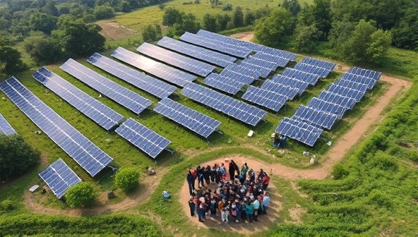 An aerial view of a picturesque solar farm surrounded by lush greenery, with community members gathered for a solar energy awareness event, showcasing a sustainable energy project that unites and empowers local residents.