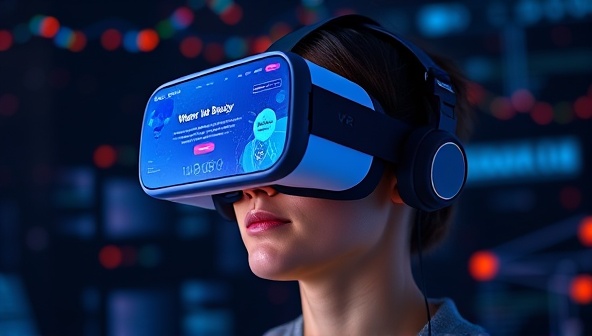 An artistic representation of a person wearing a VR headset, immersed in a virtual world showcasing a 3D website design with interactive elements, illustrating the innovative VR Web Studio concept.