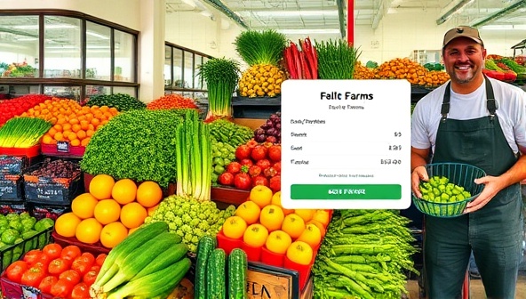 A vibrant digital marketplace showcasing a colorful array of fresh fruits and vegetables sourced from local farms, with a seamless online ordering process and smiling farmers in the background, promoting a direct farm-to-table experience.