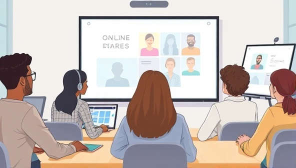 A digital illustration of a diverse group of students engaged in a virtual classroom setting, with interactive whiteboards and video conferencing tools, symbolizing modern and effective online learning.
