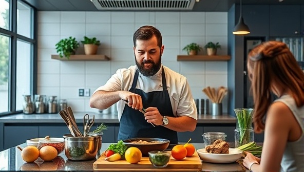 An enticing image of a chef in a virtual kitchen, surrounded by fresh ingredients and cooking utensils, demonstrating a cooking technique to a group of virtual participants, capturing the essence of interactive culinary masterclasses.