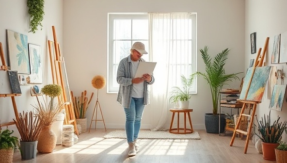A serene virtual art studio with soft lighting, art supplies neatly arranged, and a participant engaged in a therapeutic art activity, reflecting a calm and healing atmosphere characteristic of ArtHeal Studio's art therapy workshops.