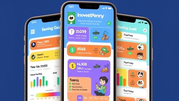An engaging and colorful mobile app interface showcasing PocketPenny's investment dashboard, savings goals tracker, and educational modules, with animated characters guiding teens through the world of investing and building wealth.