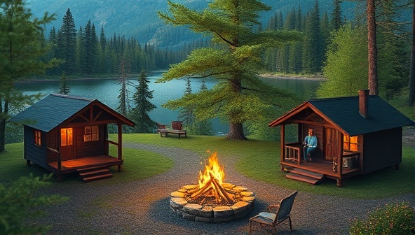 A serene digital landscape featuring virtual writing cabins surrounded by lush greenery, tranquil lakes, and cozy campfires, with writers engrossed in their creative pursuits and sharing moments of inspiration and camaraderie, capturing the essence of a virtual writing retreat getaway.