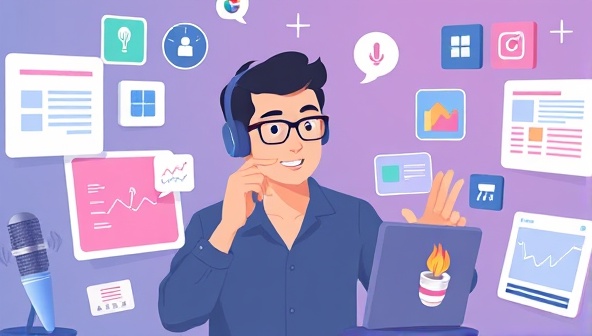 An engaging visual representation of a person speaking to a digital voice assistant, surrounded by web design elements and interactive design tools, illustrating the seamless and hands-free design experience offered by VoiceWeb Wizard.