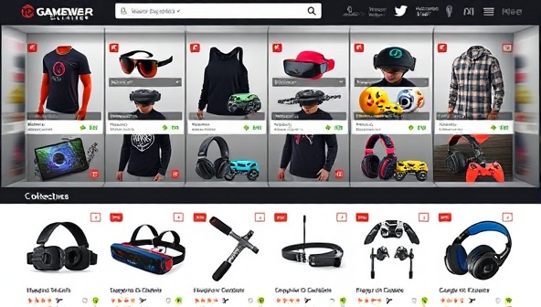 An online marketplace display featuring a variety of interactive gaming merchandise, including wearable tech, cosplay props, and collectibles, presented in a visually appealing and organized layout to attract buyers and sellers on GameWear Exchange.